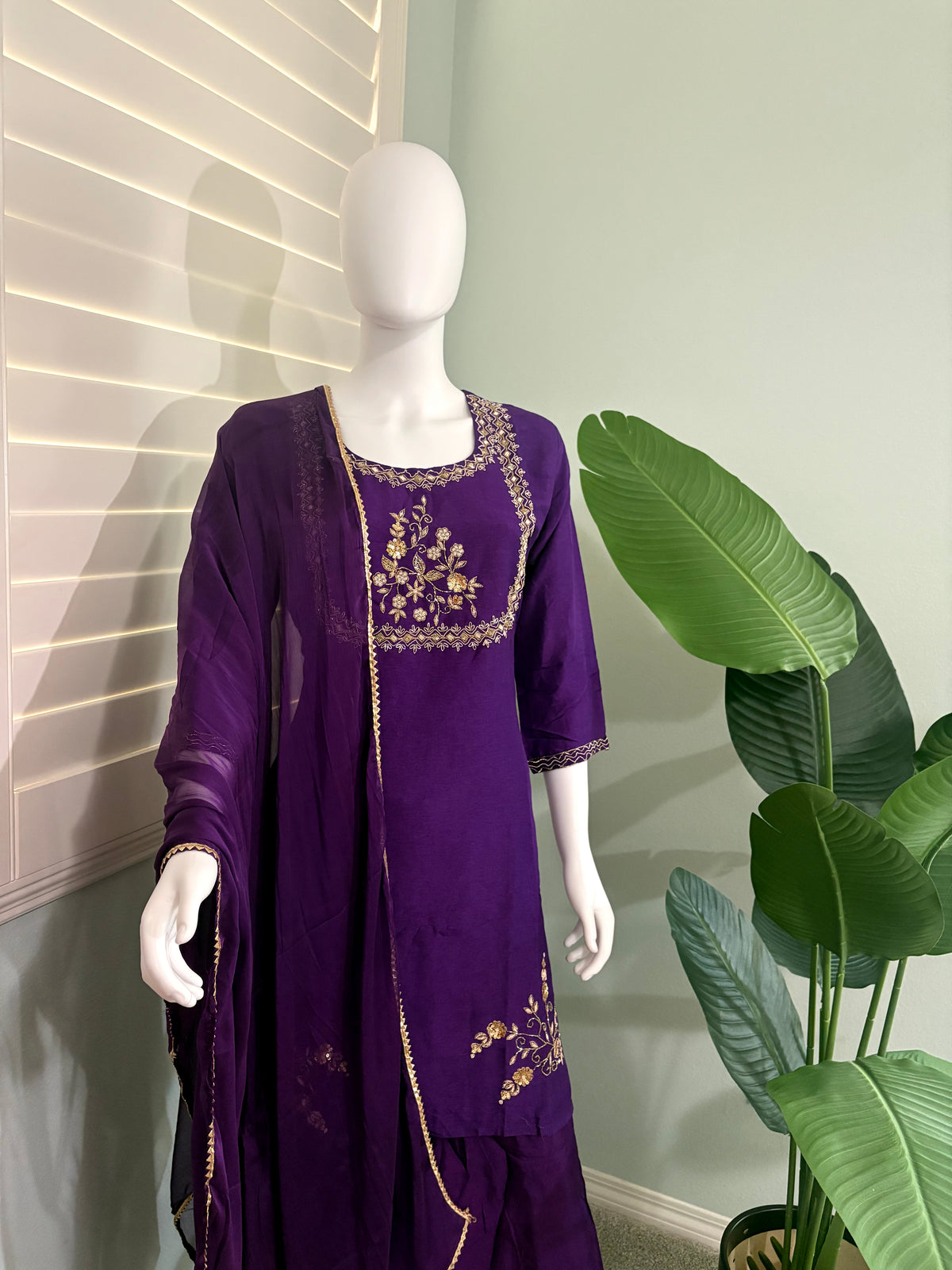 Elegant Purple Chinon Palazzo Kurta Set
