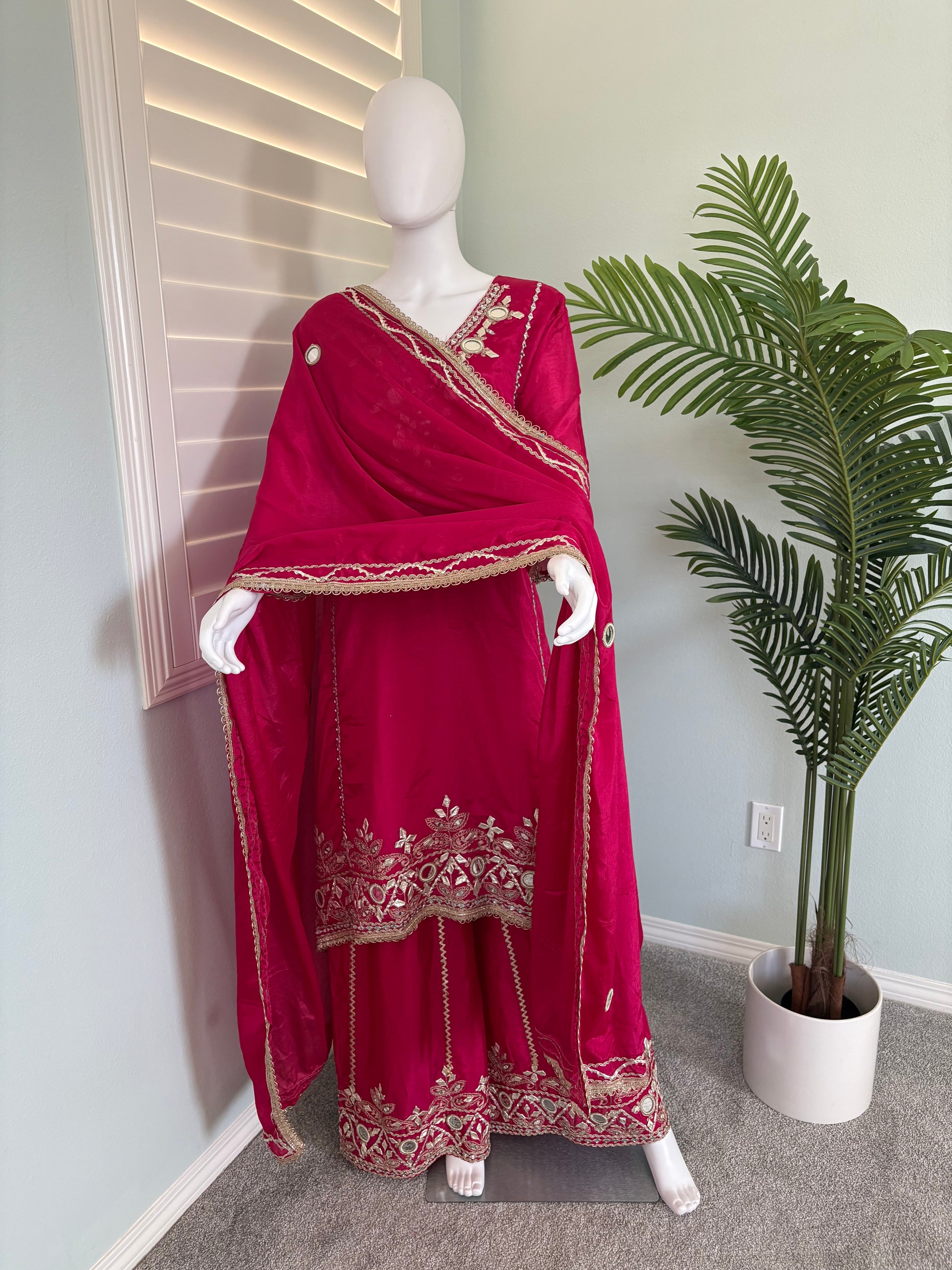 ✨ Regal Radiance — Heavy Chinon Mirror Work & Gotta Patti Plazzo Suit