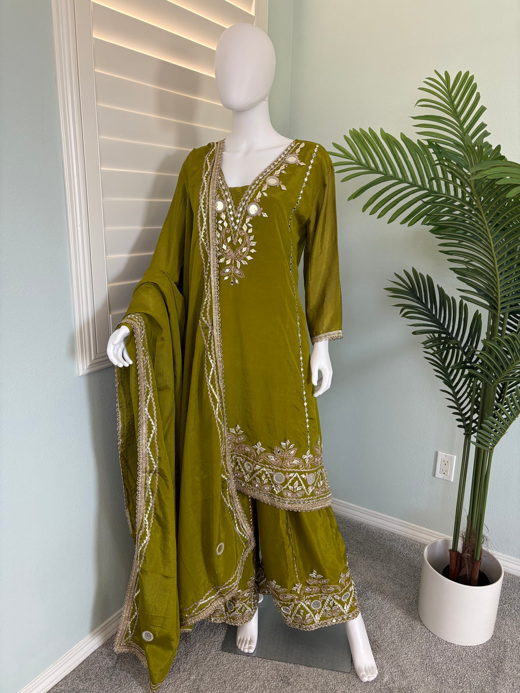 ✨ Regal Radiance — Heavy Chinon Mirror Work & Gotta Patti Plazzo Suit