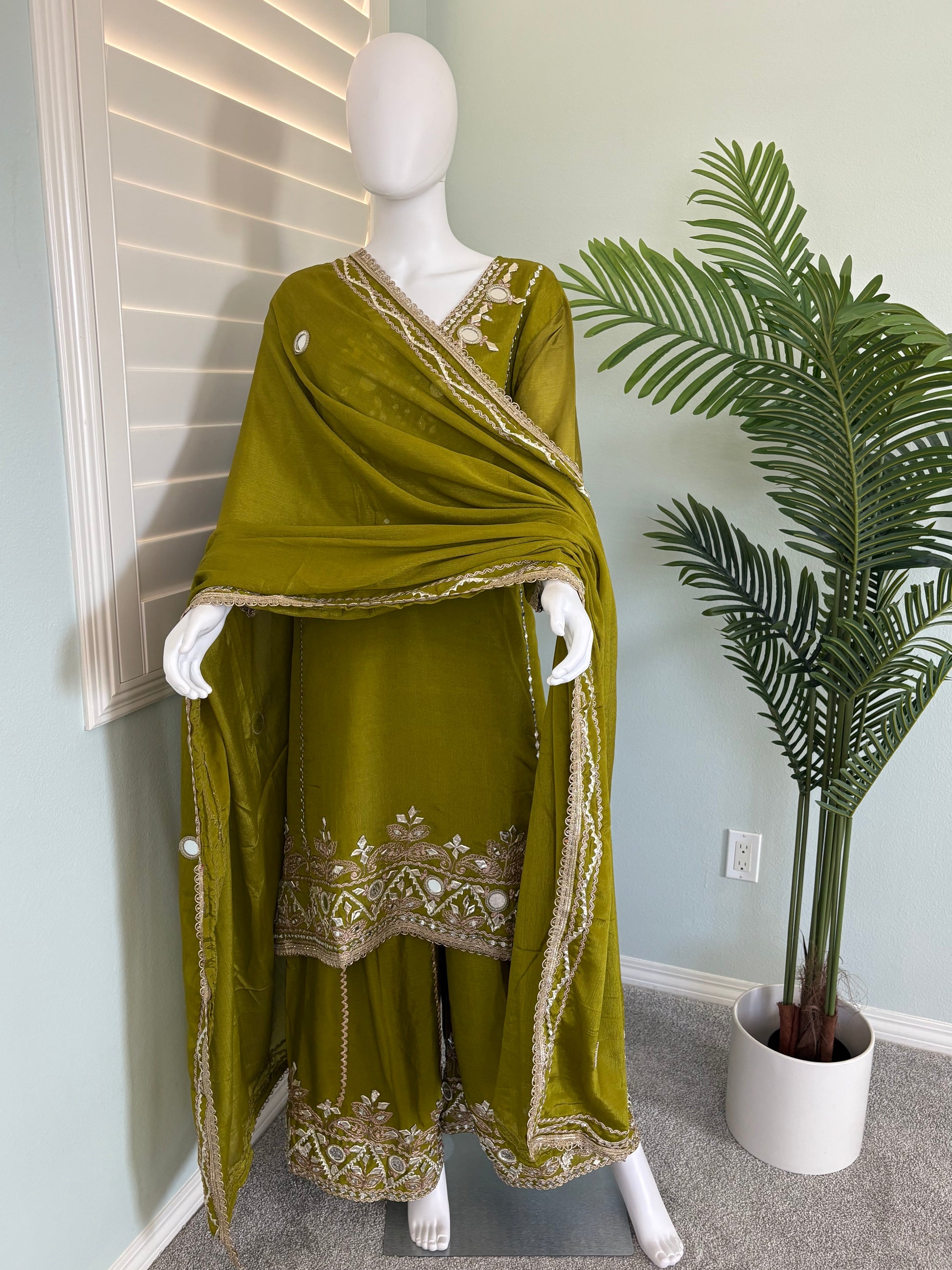 ✨ Regal Radiance — Heavy Chinon Mirror Work & Gotta Patti Plazzo Suit