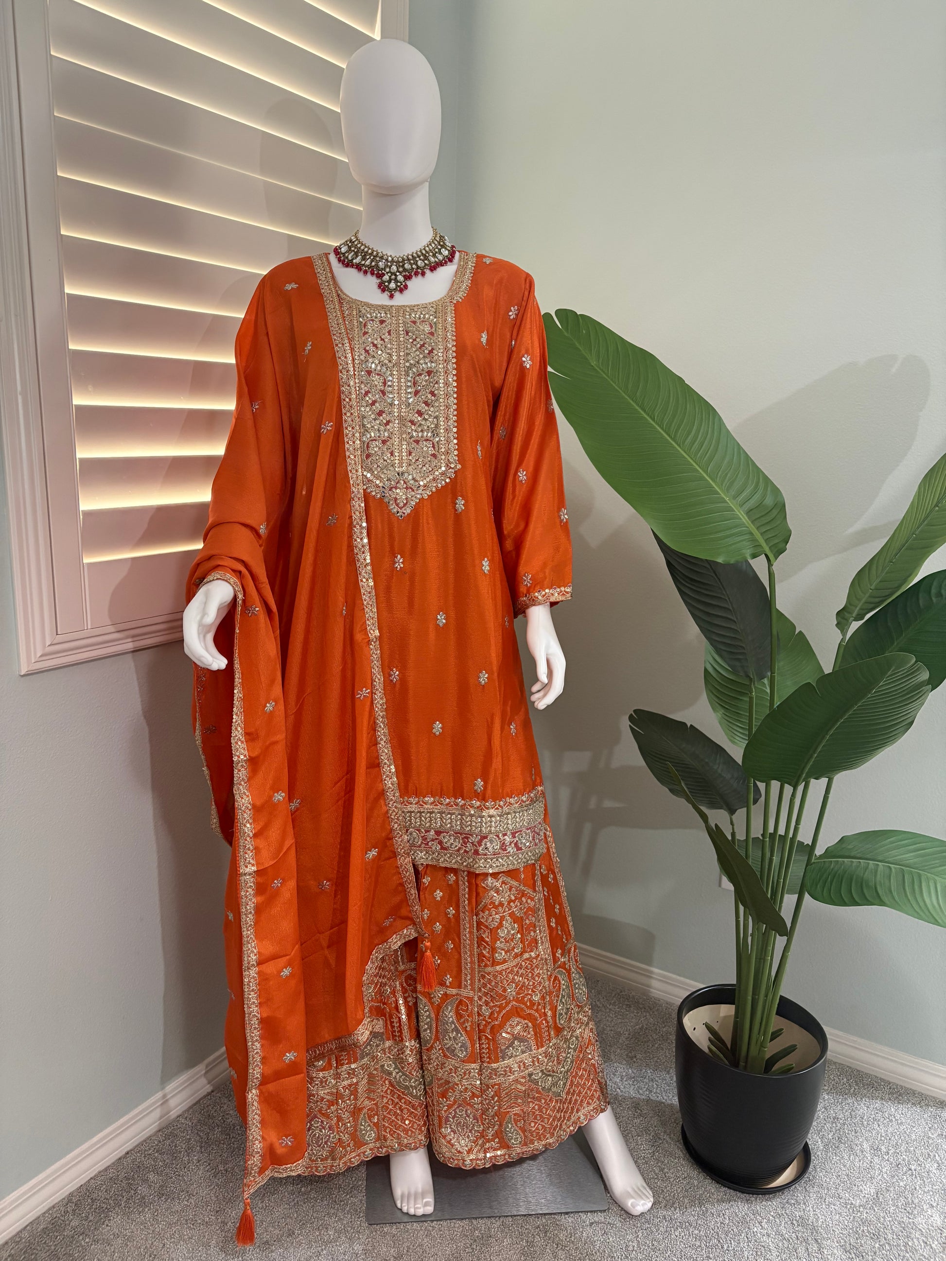 ✨ Chinon Festive Plazzo Kurta Set — Available in Four Stunning Colors