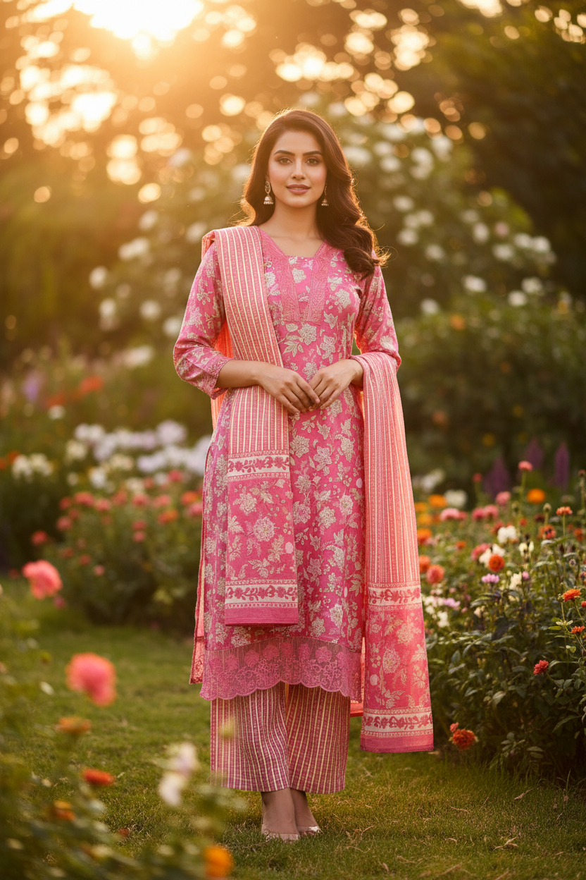 Pink Colour Digital Print Cotton Straight Kurta Set