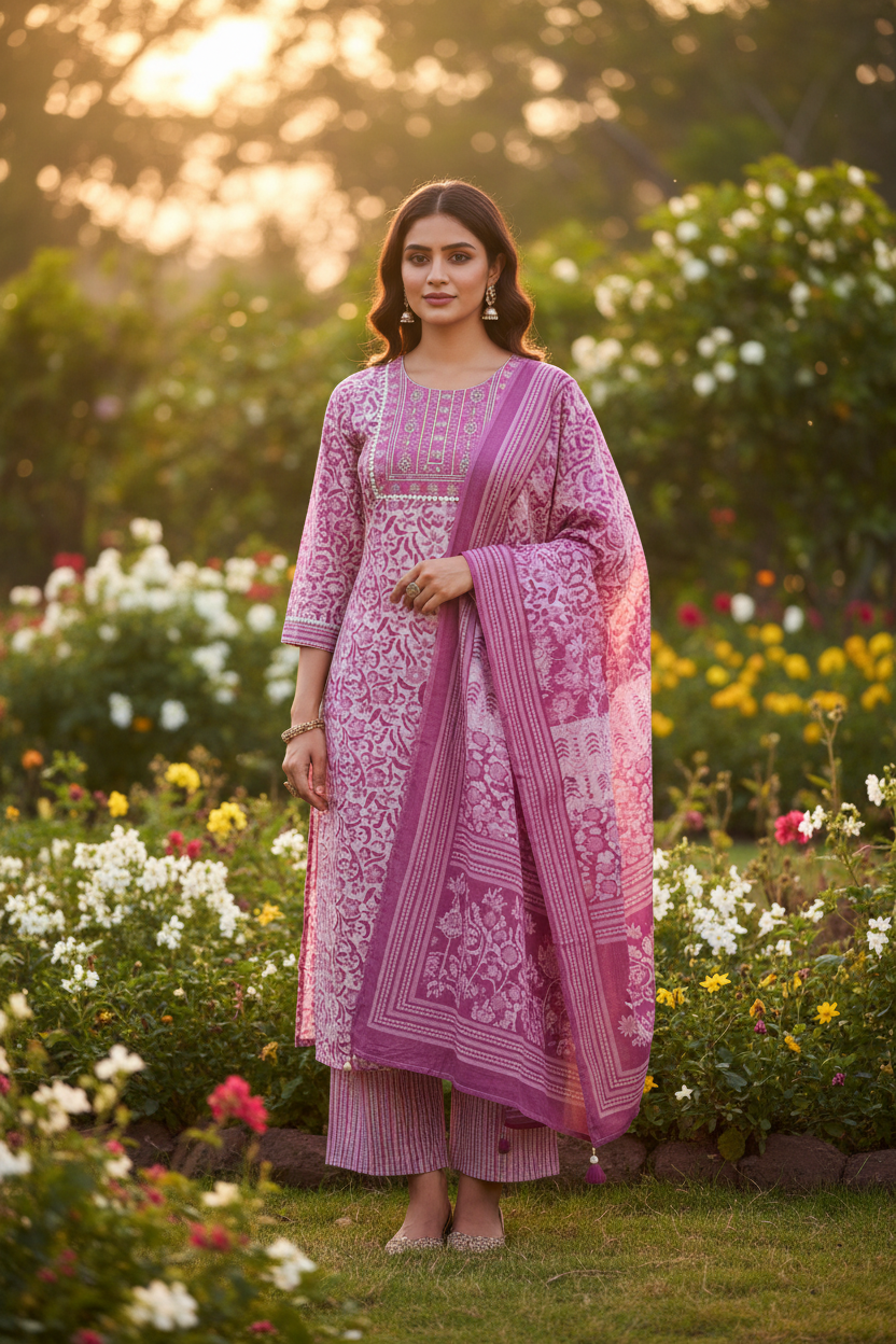 Embroidered Pink Colour Cotton Straight Pant Suit