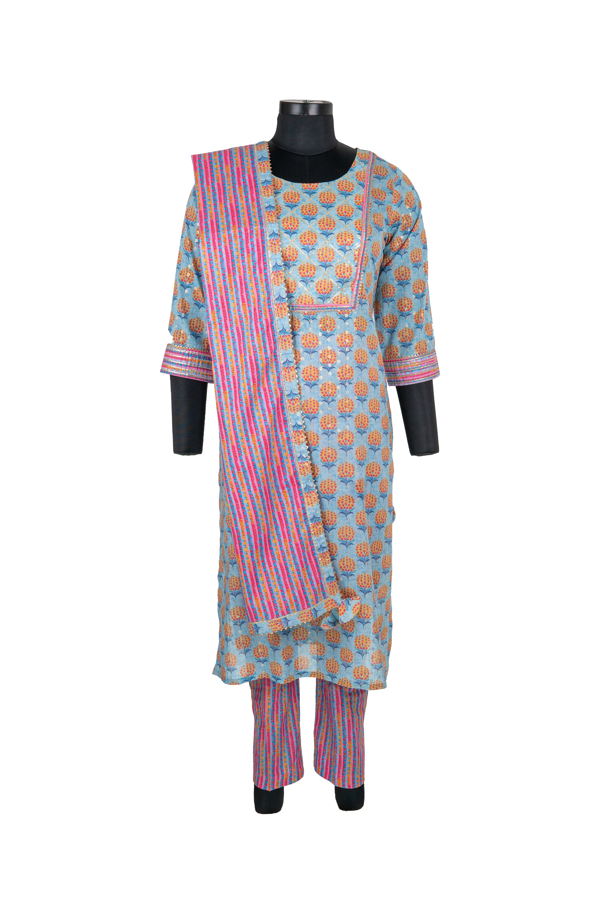 Sky Blue Straight Pant Cotton Suit With Multicolour Pant and Dupatta