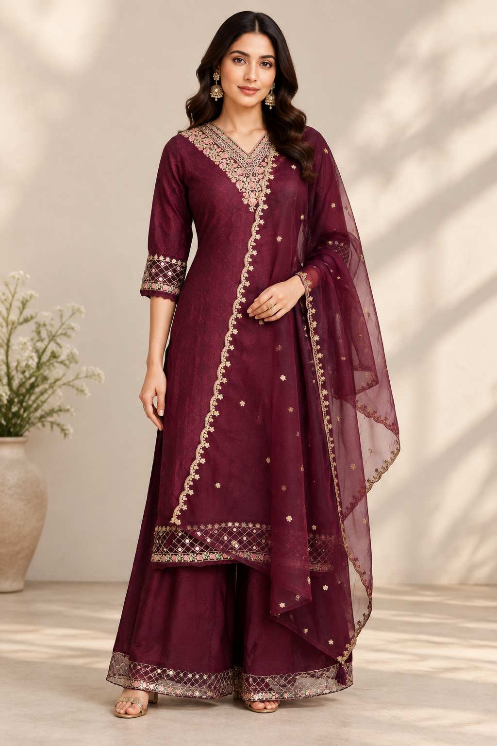Wine Festive Wear Palazzo Kurta Set
