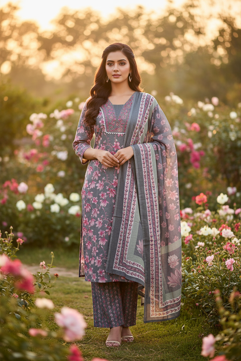 V Neck Grey Colour Digital Print Straight Pant Cotton Suit