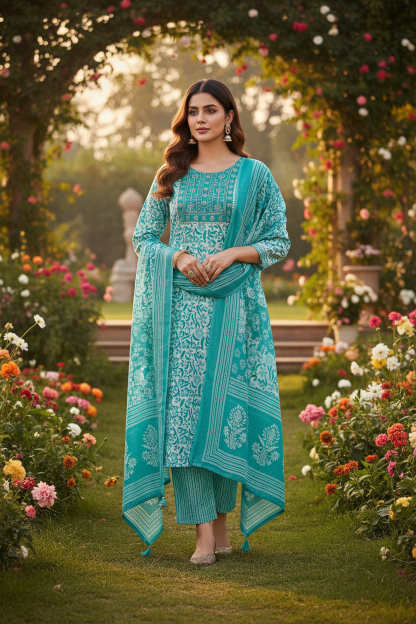 Turquoise Straight Pant Cotton Suit