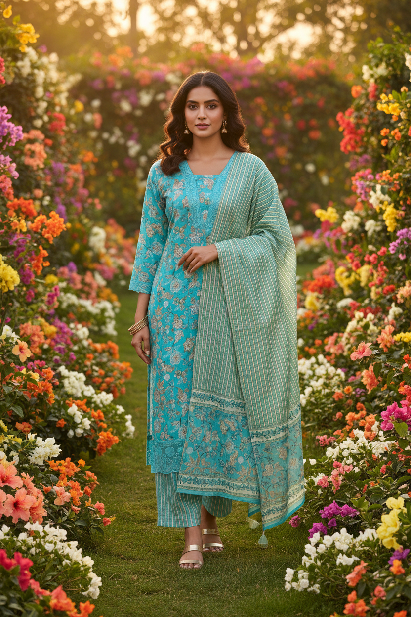 Light Blue Digital Print Straight Pant Cotton Suit