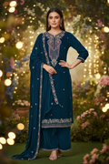 Navy Blue Embroidered Velvet Suit With Embroidered Dupatta