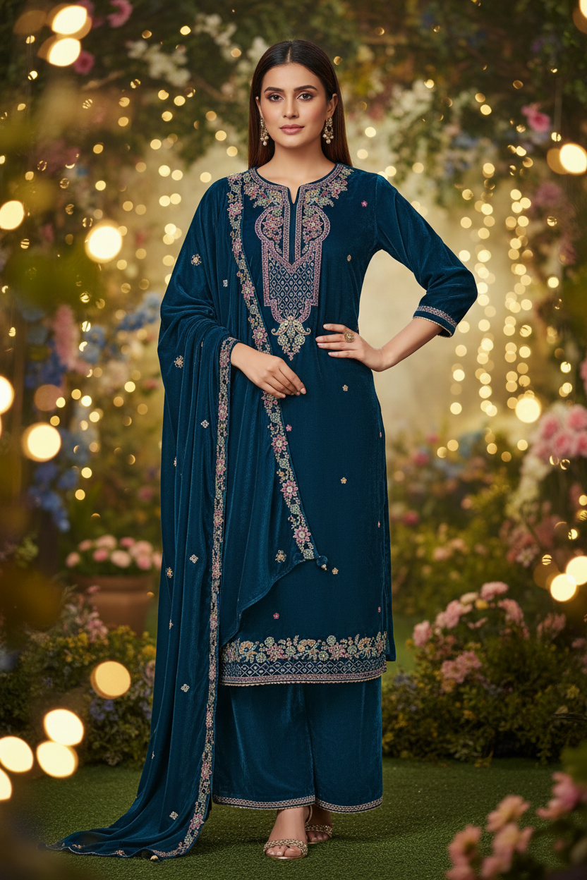 Navy Blue Embroidered Velvet Suit With Embroidered Dupatta