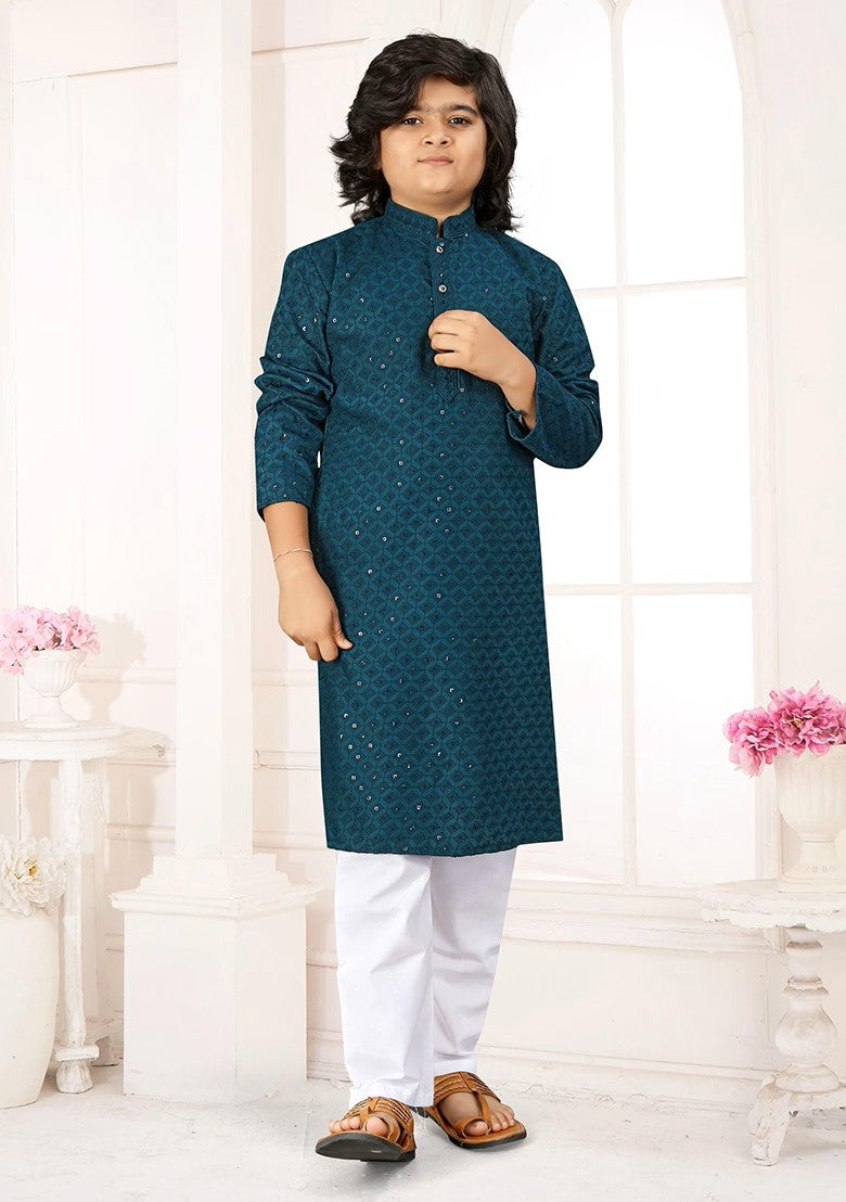 Teal Lakhnavi Boys Kurta Pajama Set