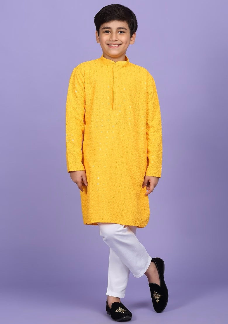 Yellow Lakhnavi Kurta Boys Pajama Set