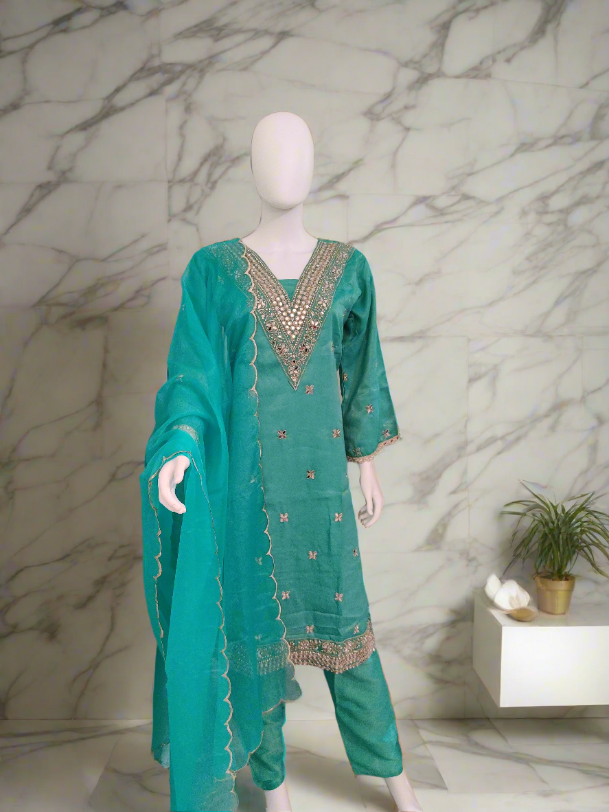 Sea Green Tissue Shimmer Based Straight Kurta Set