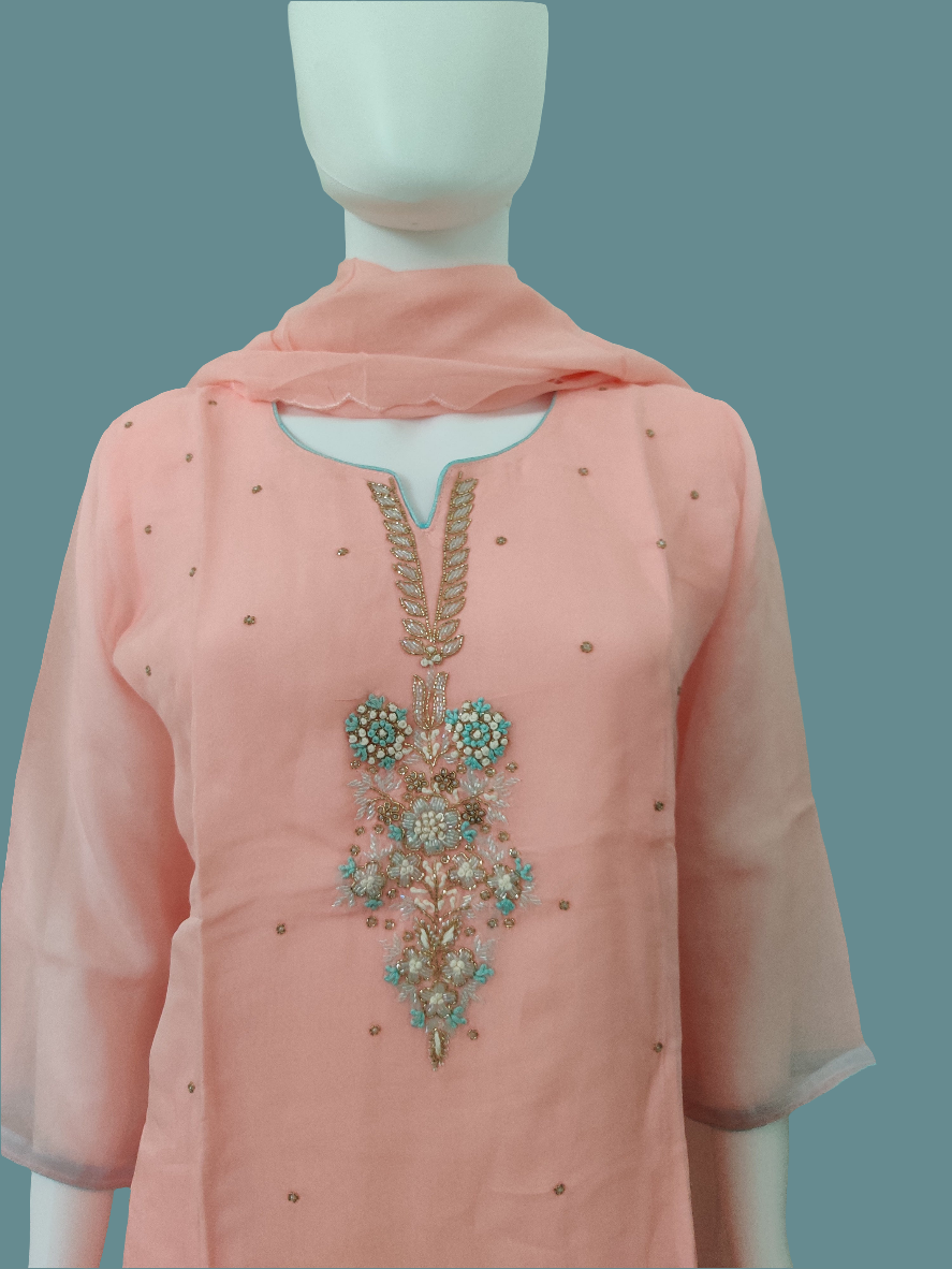 Peach Color Embroidered Straight Pant Kurta set
