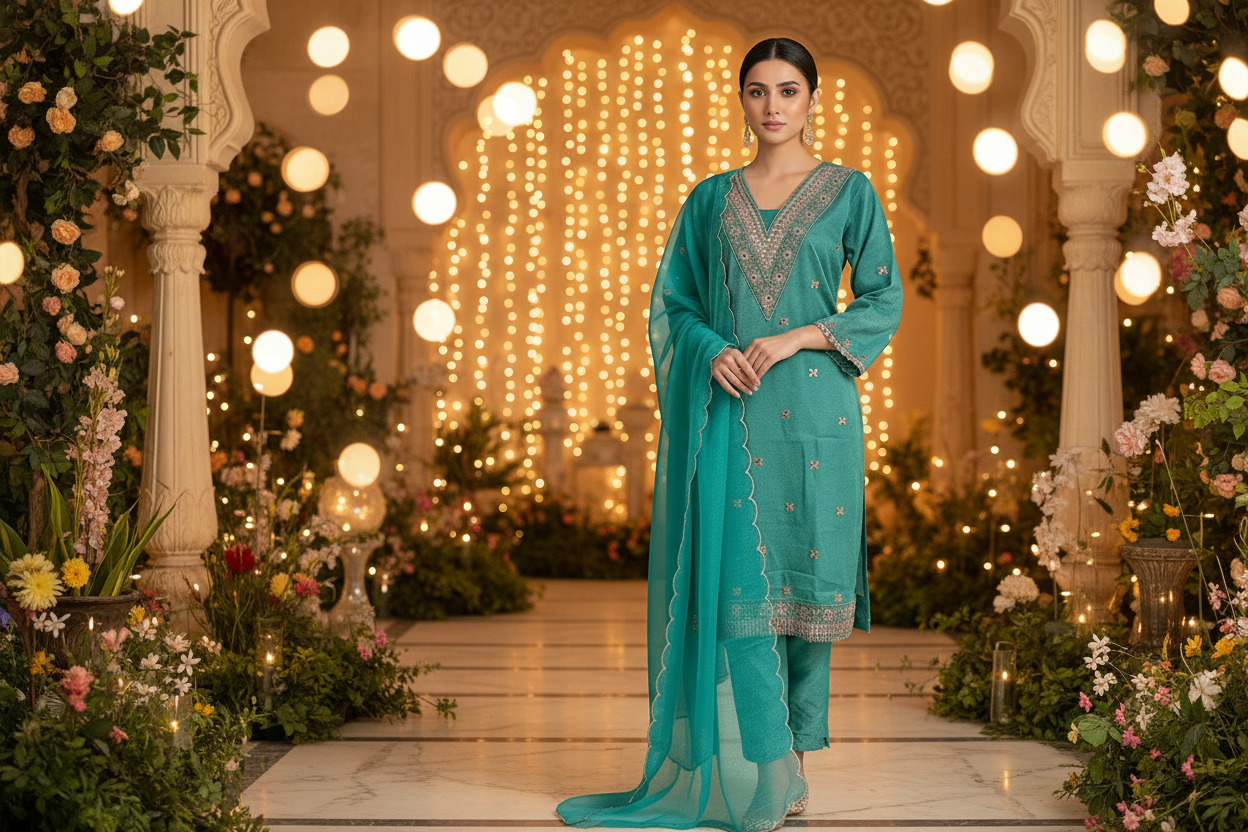 Sea Green Tissue Shimmer Based Straight Kurta Set