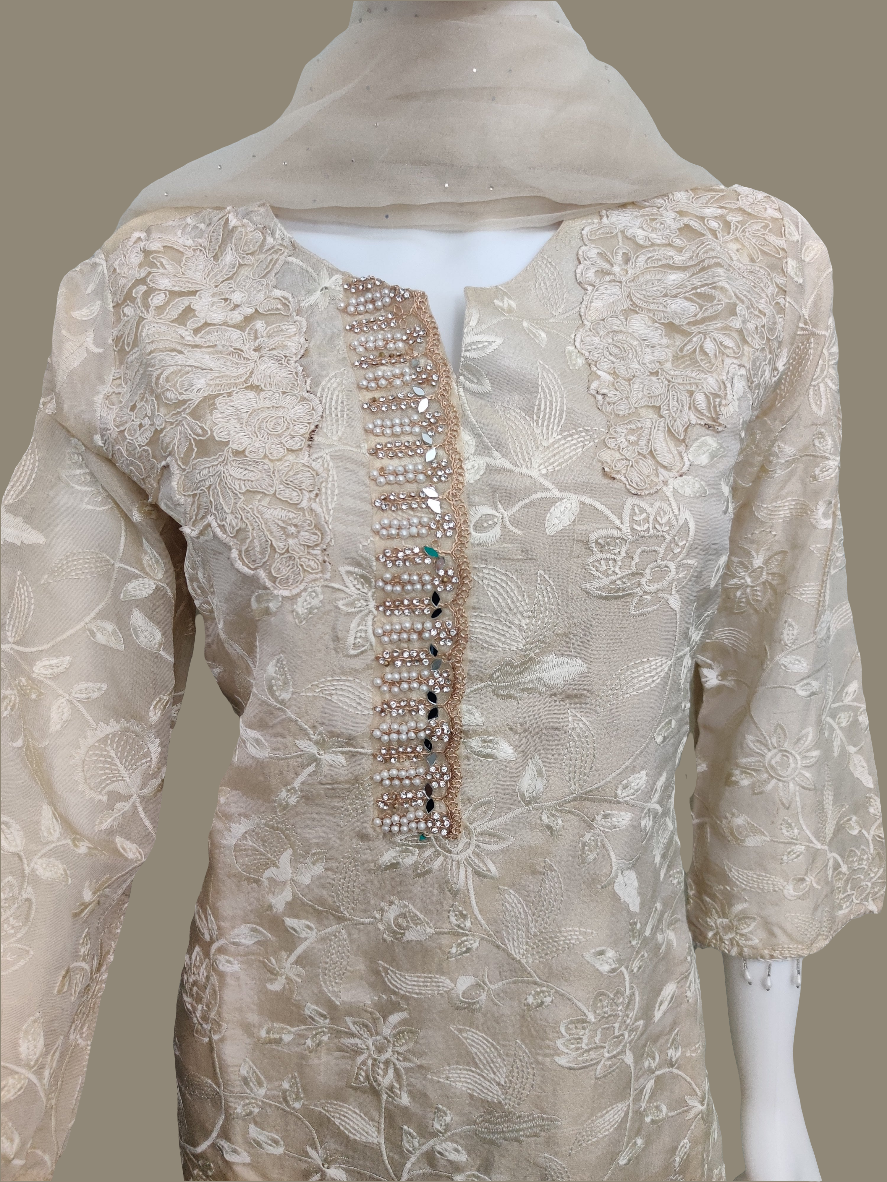 Fully Embroidered Organza beige color Party Wear Suit