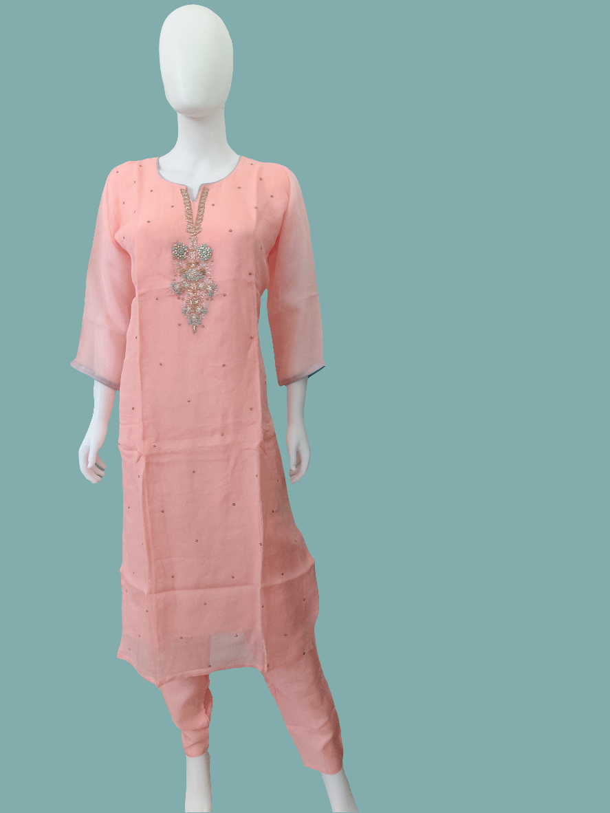 Peach Color Embroidered Straight Pant Kurta set
