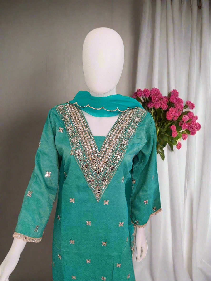 Sea Green Tissue Shimmer Based Straight Kurta Set
