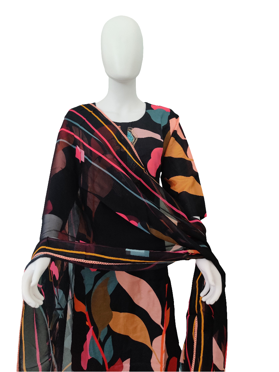 Black Digital Print Muslin Silk Kurta Set