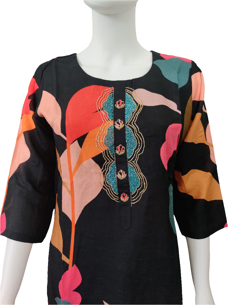 Black Digital Print Muslin Silk Kurta Set