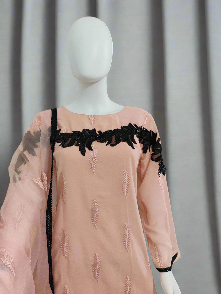 Pakistani Straight feather work Peach color kurta set