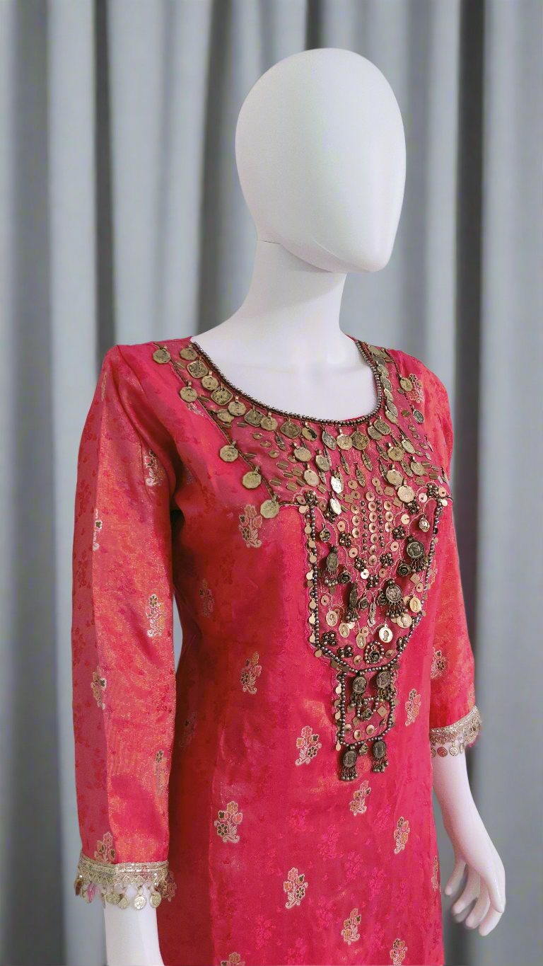 ✨ Shimmer Tissue Retro Indian Style Kurta Set – *Gulabi Noor*