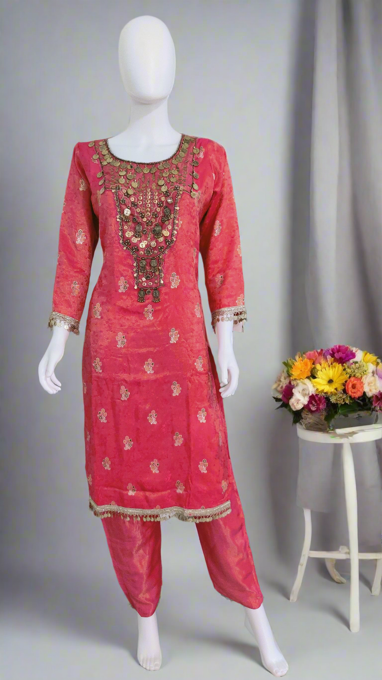 ✨ Shimmer Tissue Retro Indian Style Kurta Set – *Gulabi Noor*