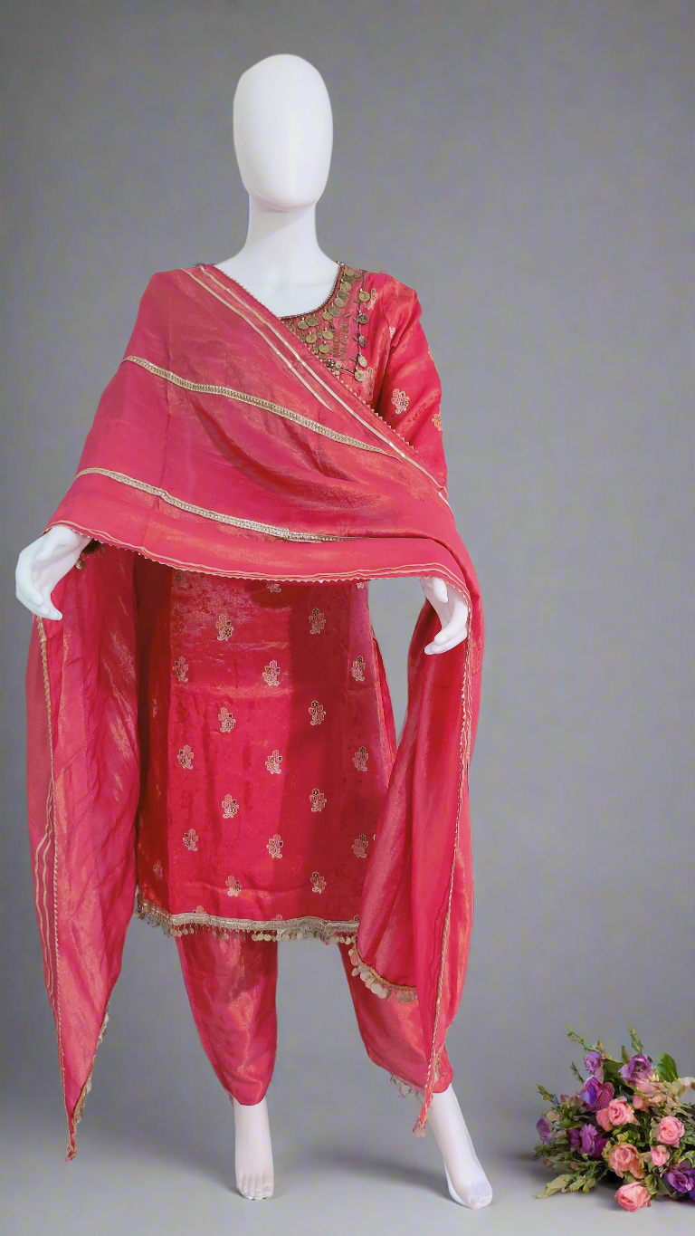 ✨ Shimmer Tissue Retro Indian Style Kurta Set – *Gulabi Noor*