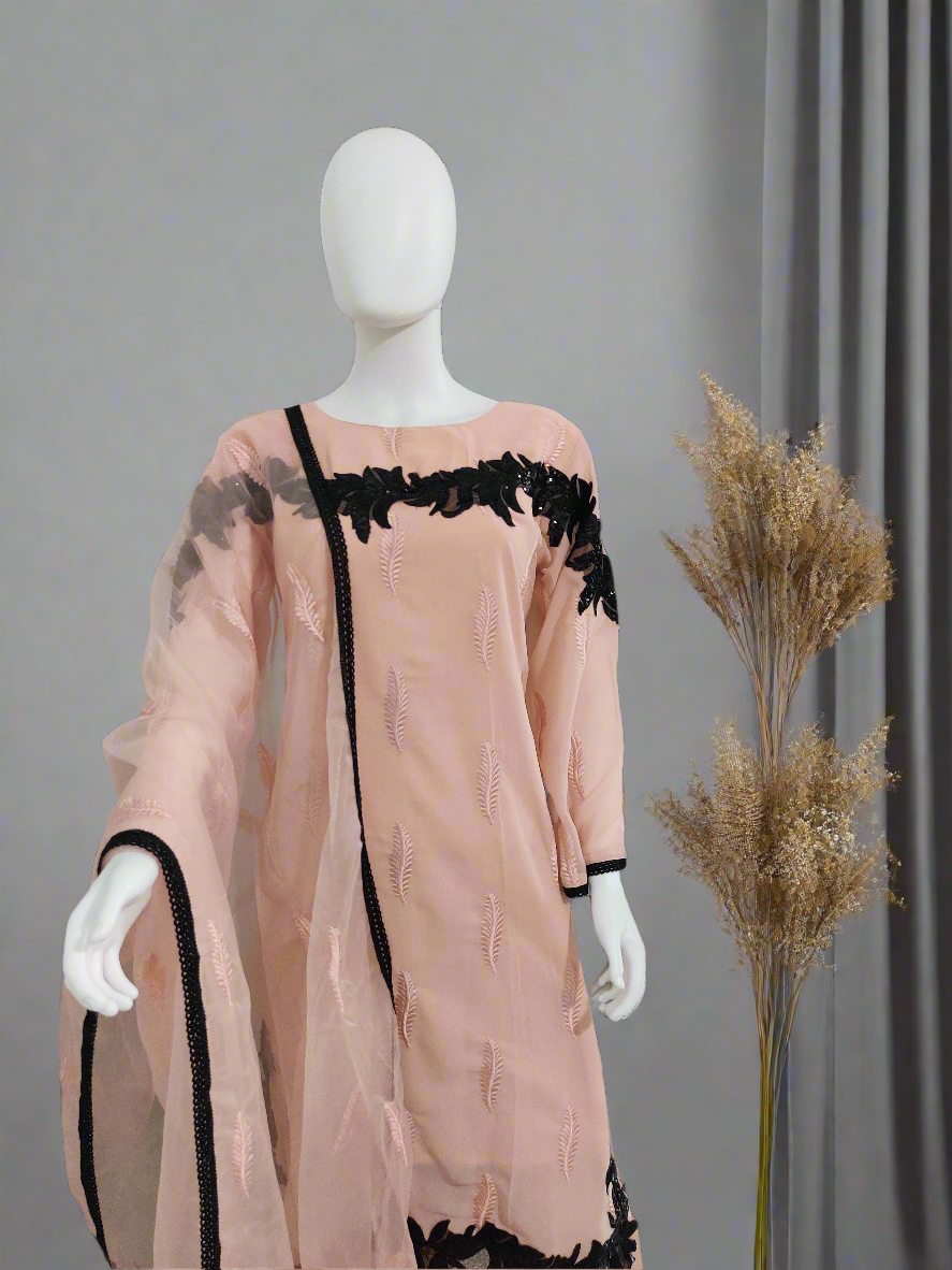 Pakistani Straight feather work Peach color kurta set