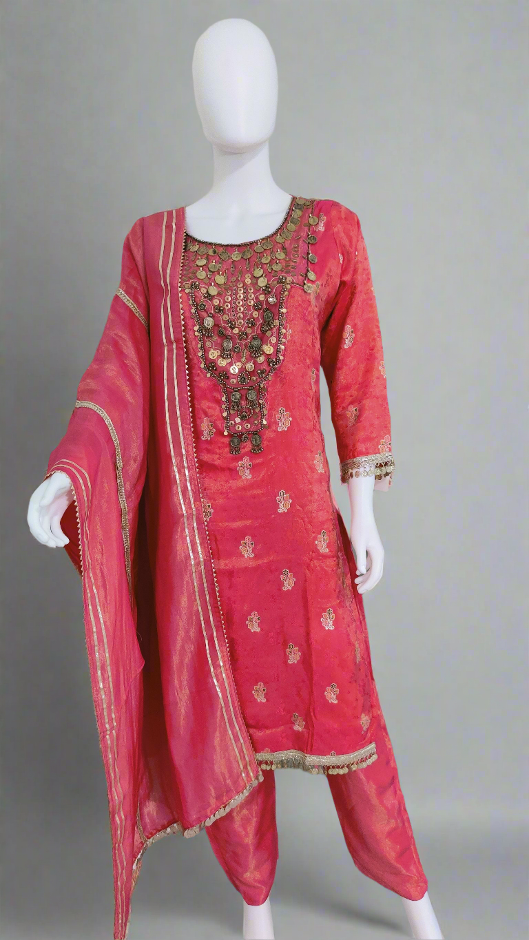 ✨ Shimmer Tissue Retro Indian Style Kurta Set – *Gulabi Noor*