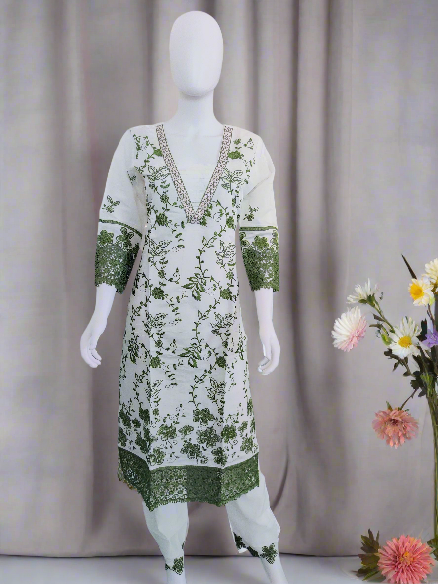 Off-White Fully Embroidered Straight Kurta Set