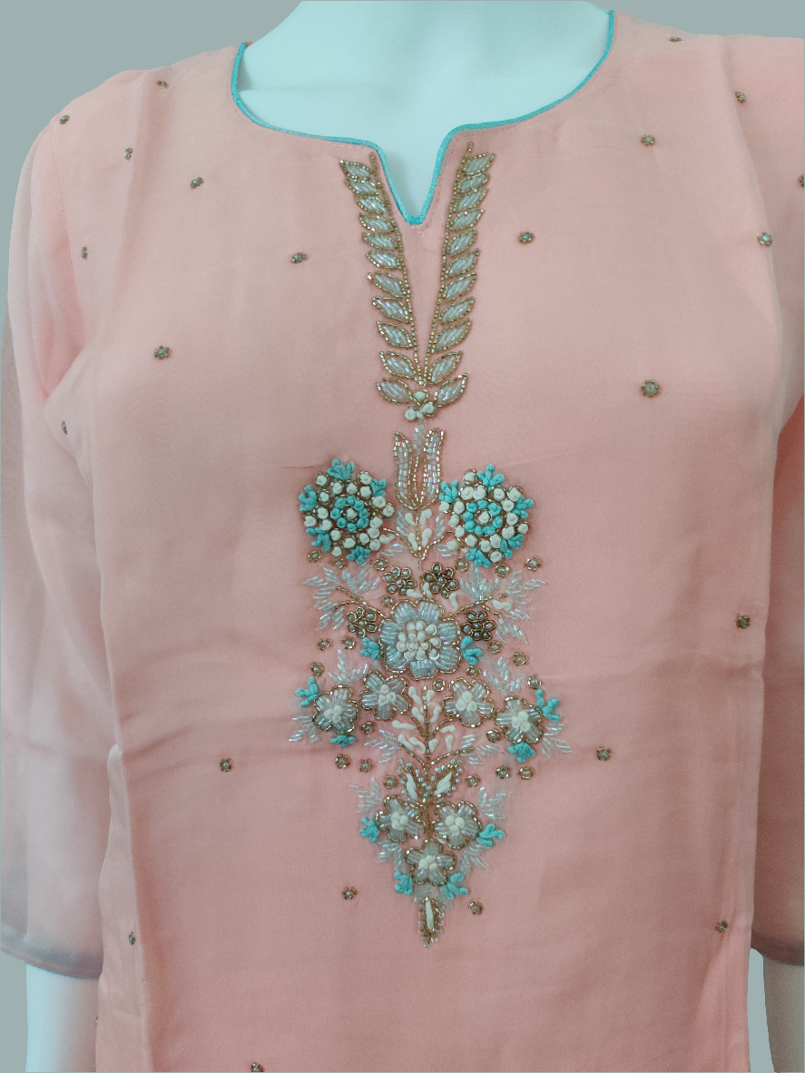 Peach Color Embroidered Straight Pant Kurta set