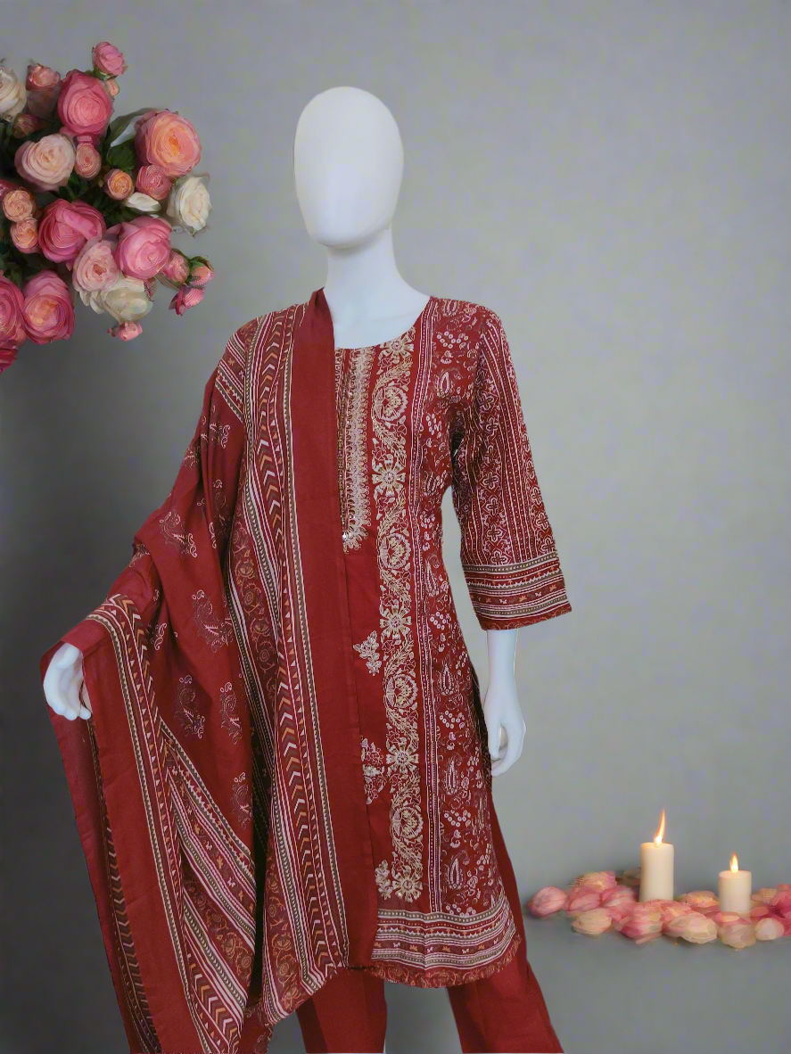 Maroon Embroidered & Printed Cotton Kurta Set