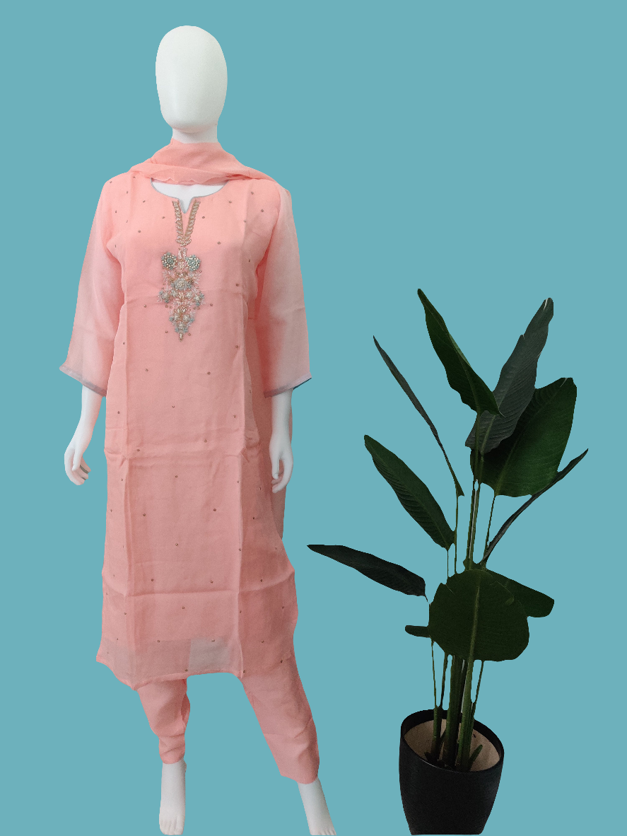 Peach Color Embroidered Straight Pant Kurta set