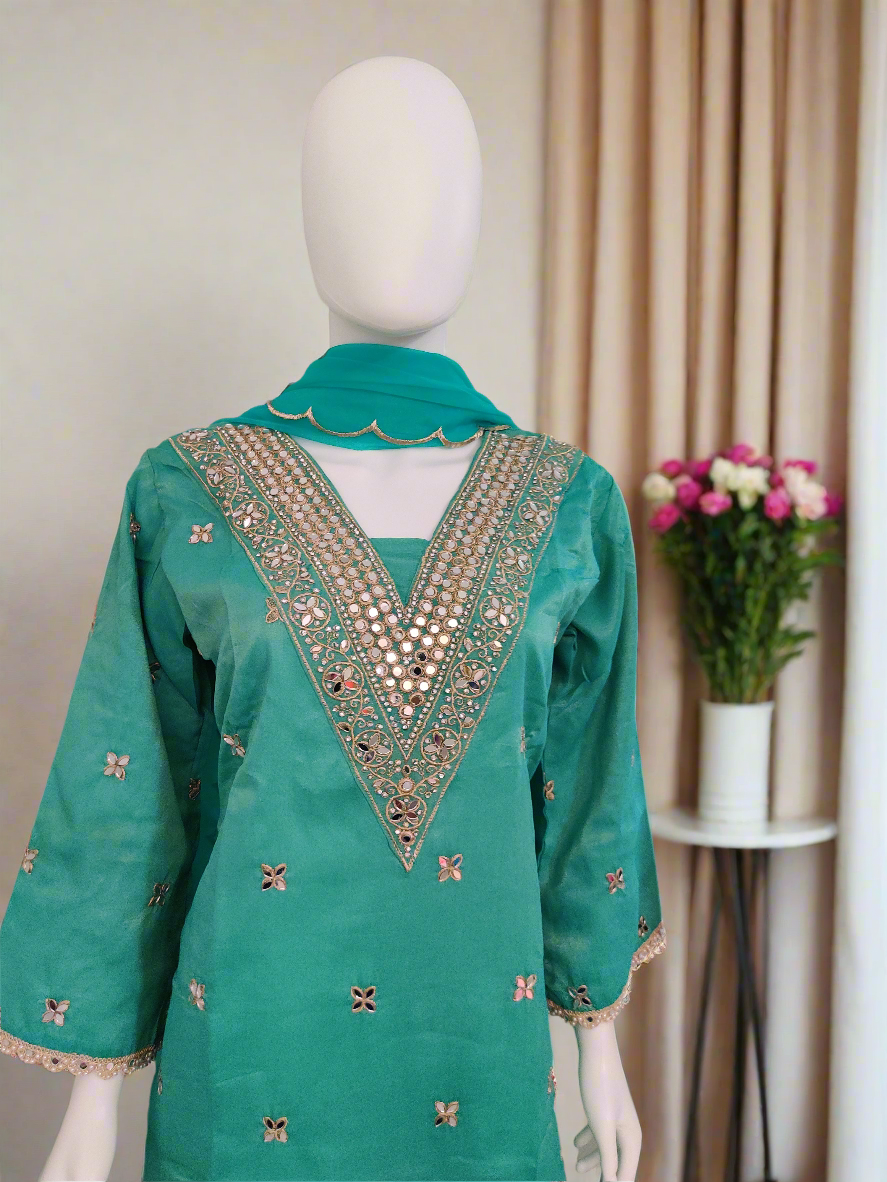 Sea Green Tissue Shimmer Based Straight Kurta Set