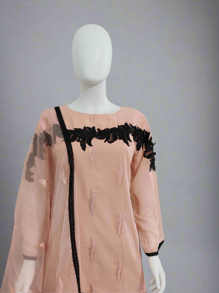 Pakistani Straight feather work Peach color kurta set