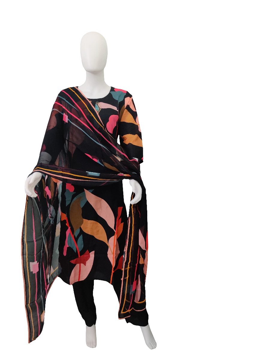 Black Digital Print Muslin Silk Kurta Set