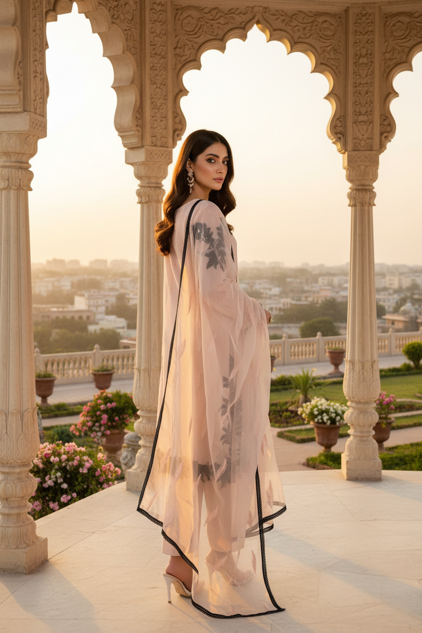 Pakistani Straight feather work Peach color kurta set