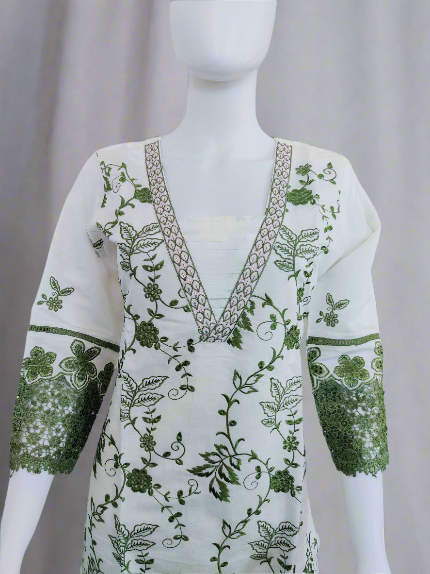 Off-White Fully Embroidered Straight Kurta Set