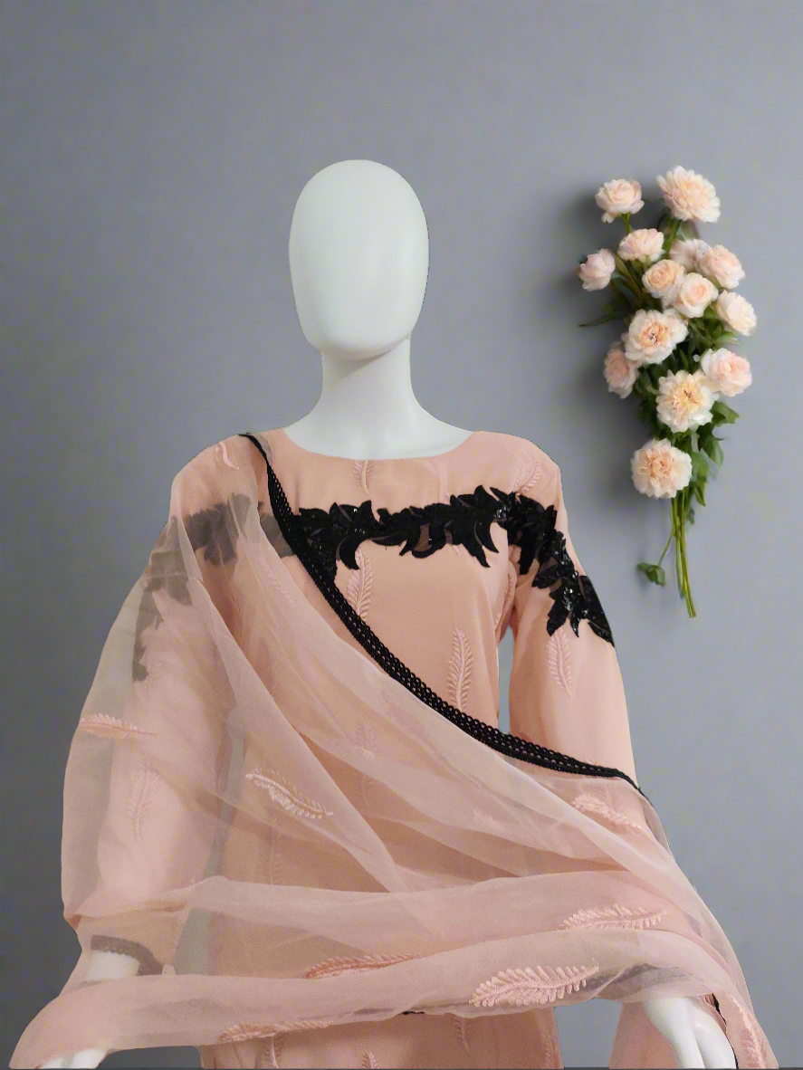 Pakistani Straight feather work Peach color kurta set
