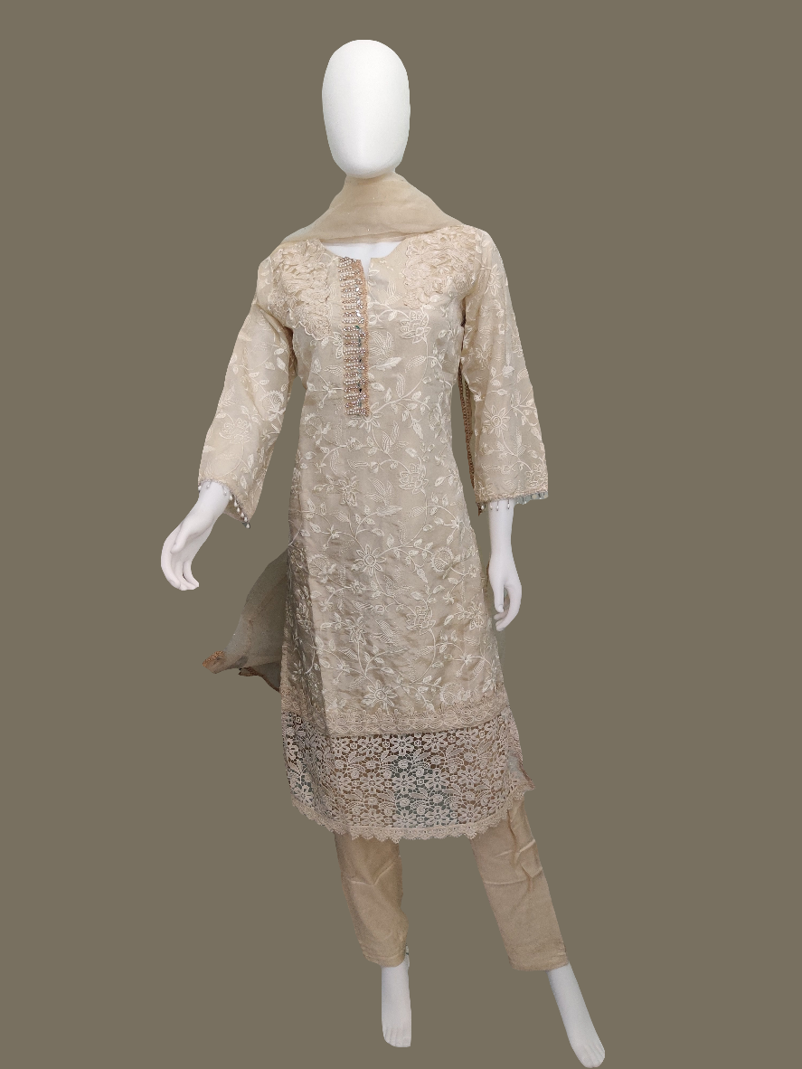 Fully Embroidered Organza beige color Party Wear Suit