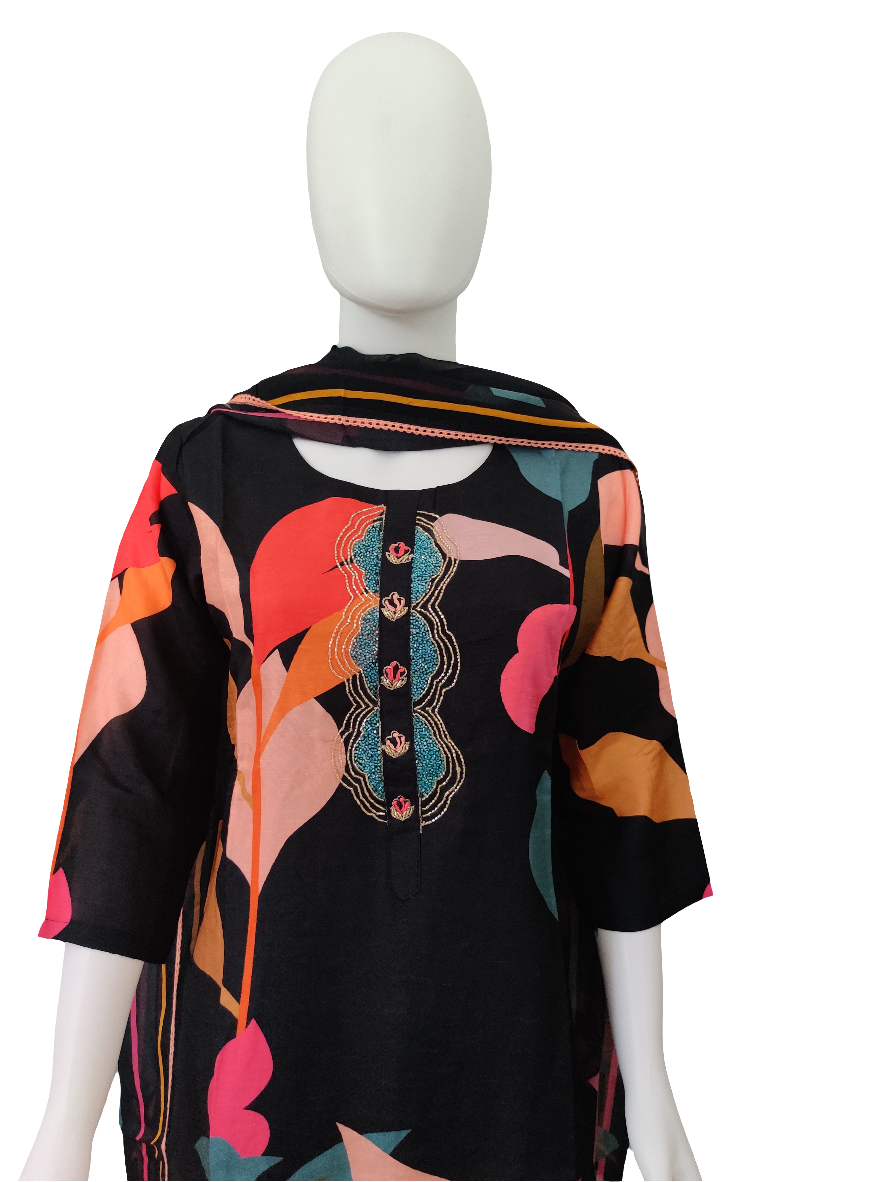 Black Digital Print Muslin Silk Kurta Set
