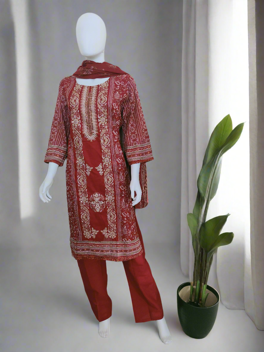 Maroon Embroidered & Printed Cotton Kurta Set