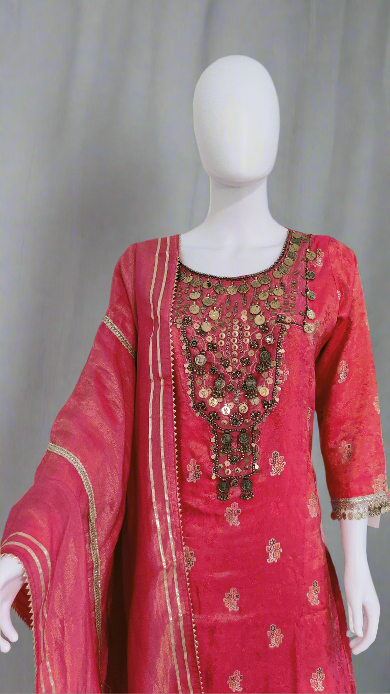 ✨ Shimmer Tissue Retro Indian Style Kurta Set – *Gulabi Noor*