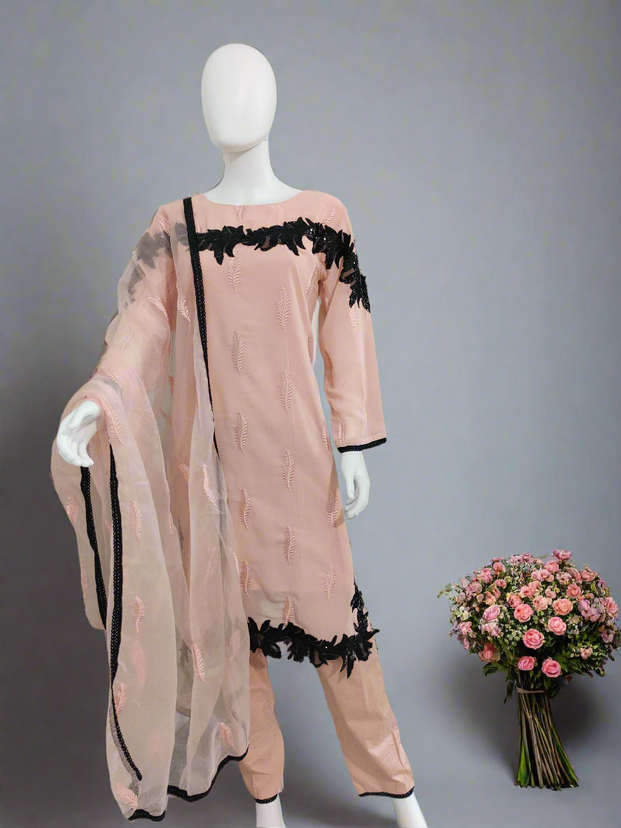 Pakistani Straight feather work Peach color kurta set
