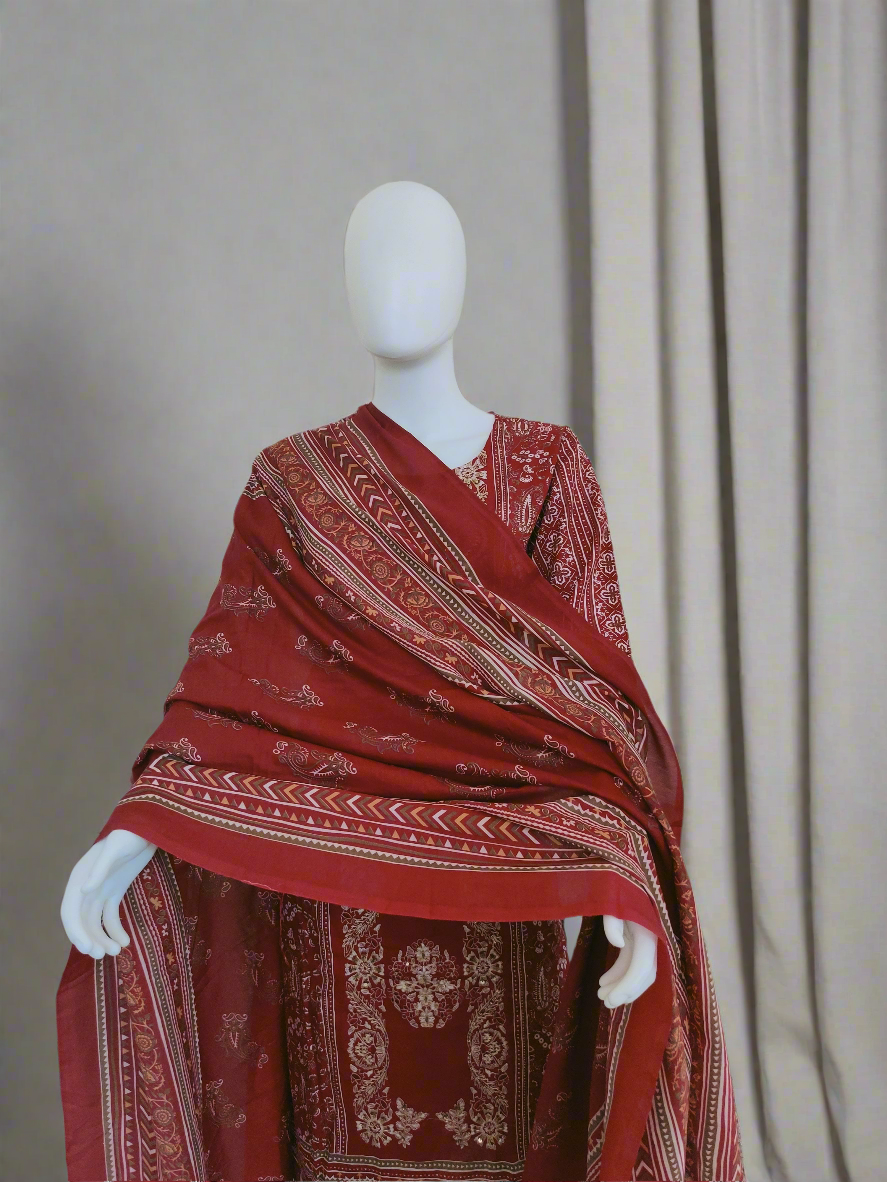 Maroon Embroidered & Printed Cotton Kurta Set