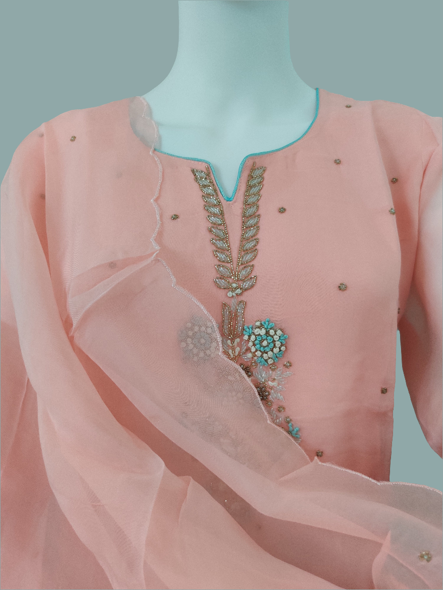 Peach Color Embroidered Straight Pant Kurta set