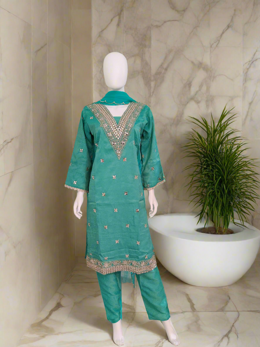 Sea Green Tissue Shimmer Based Straight Kurta Set