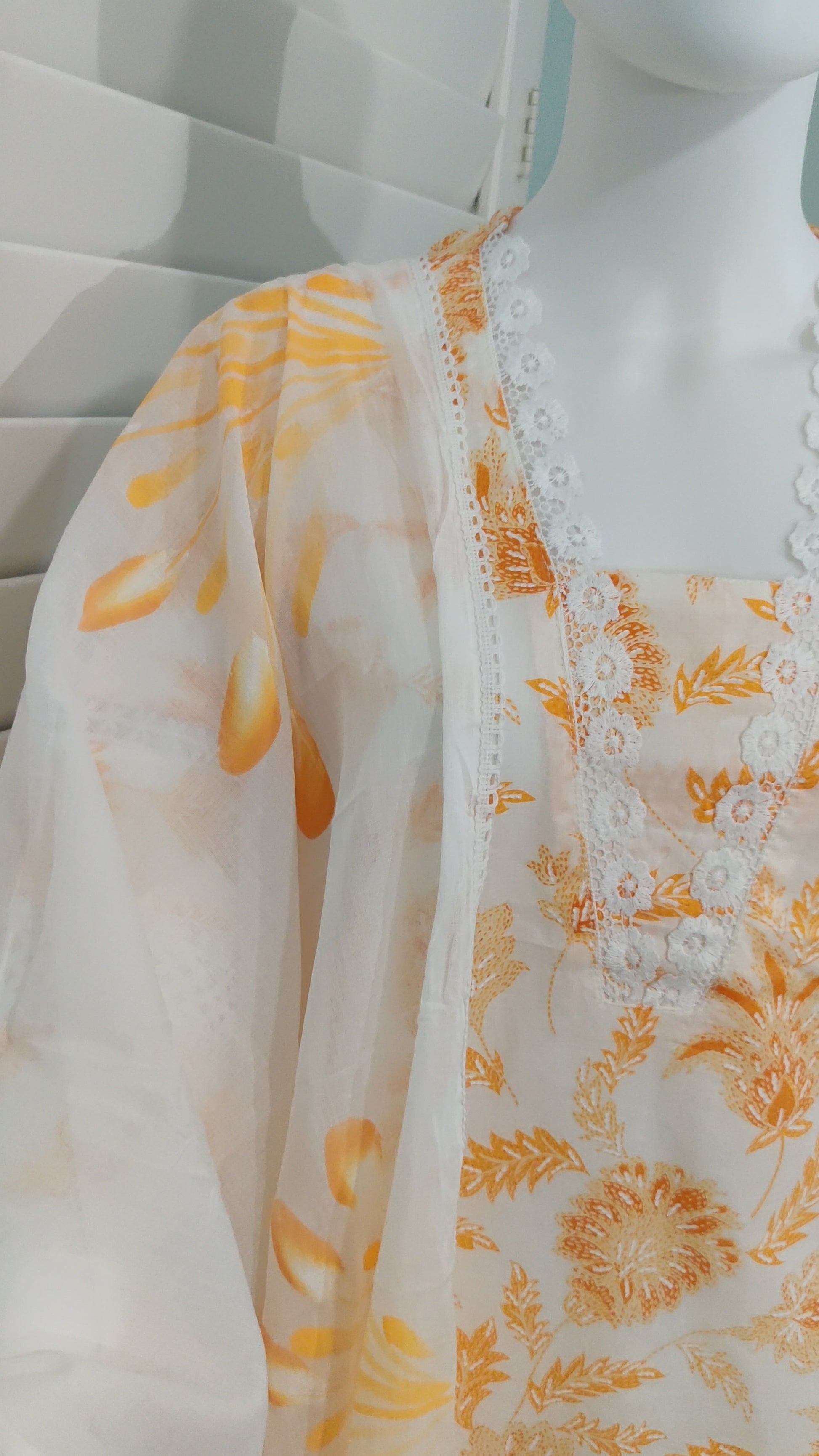 White Printed Cotton Kurta Set with Brush Print Dupatta