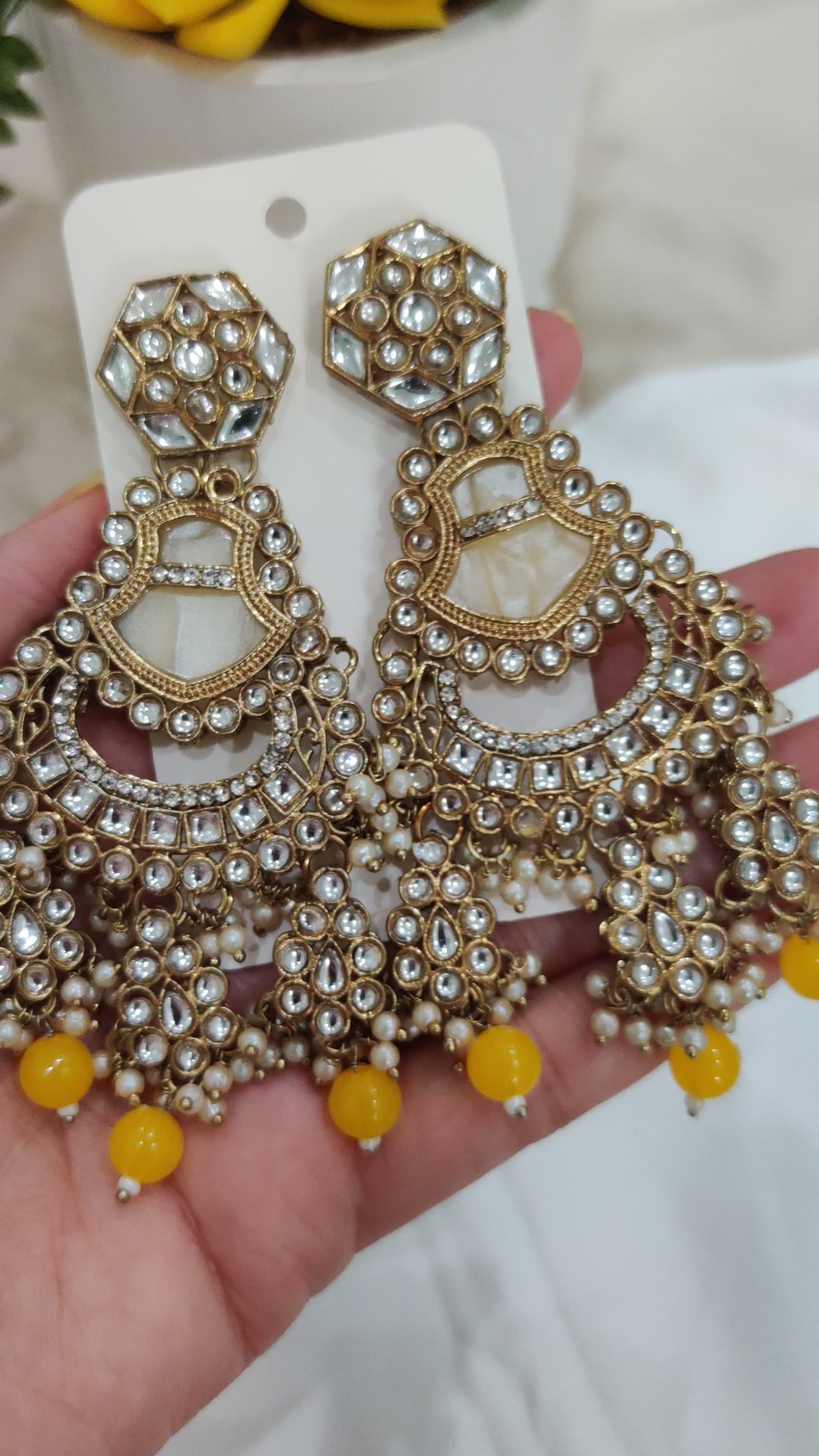 Luxurious Kundan Chandbali Earrings with Pearl and Bead Danglers